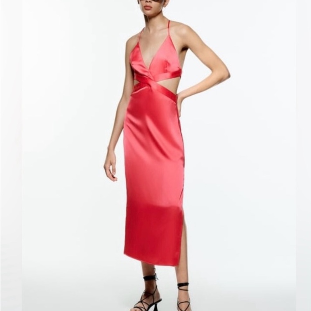 Zara Satin Effect Cut Out Midi Coral Pink Dress